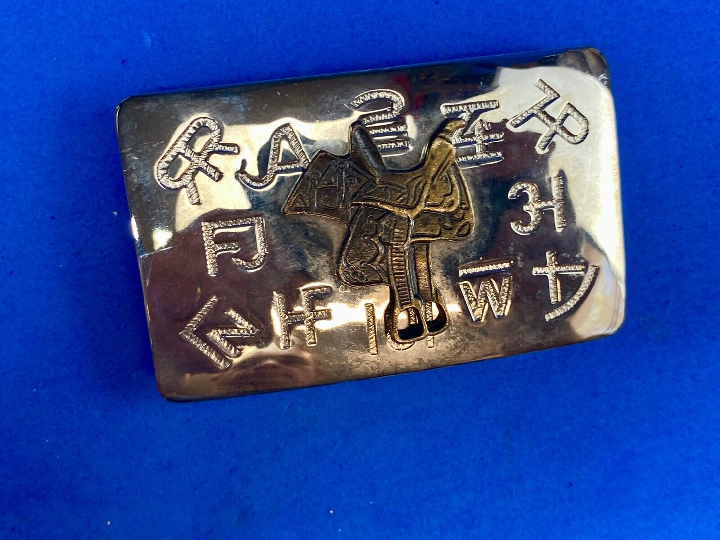 Vintage Chambers western Saddle Belt Buckle with cattle branding symbols