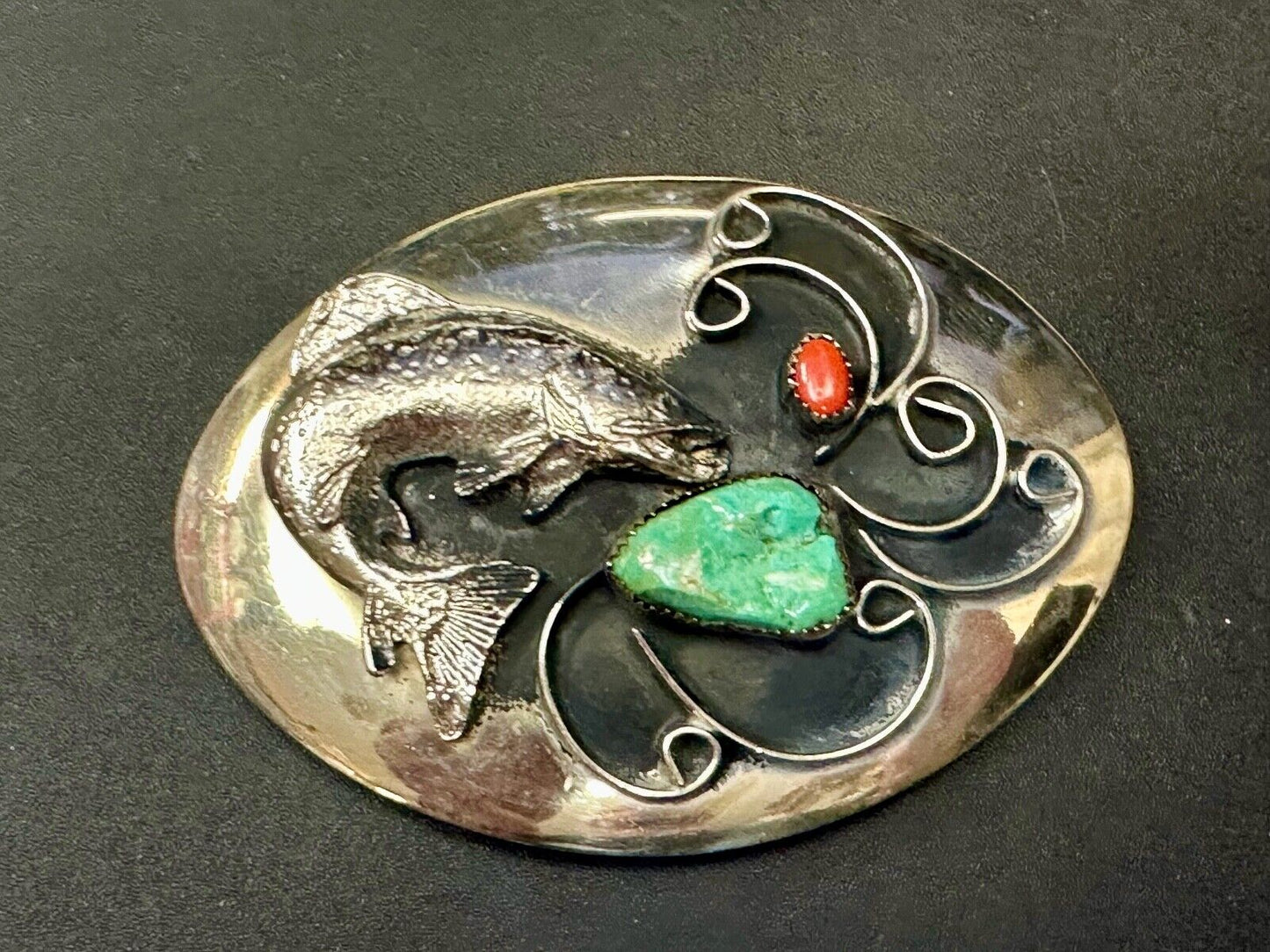 Bass Fish - Turquoise & Coral accented Native American Indian Style Belt Buckle