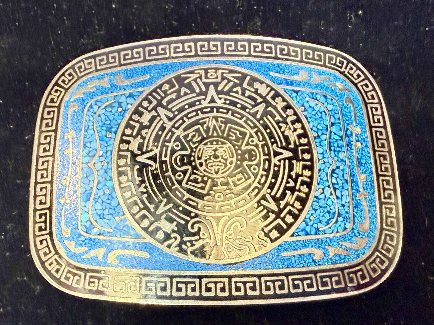 Aztec Mayan Calendar Turquoise Chip Inlay Tribal Art Belt Buckle Mexico Made