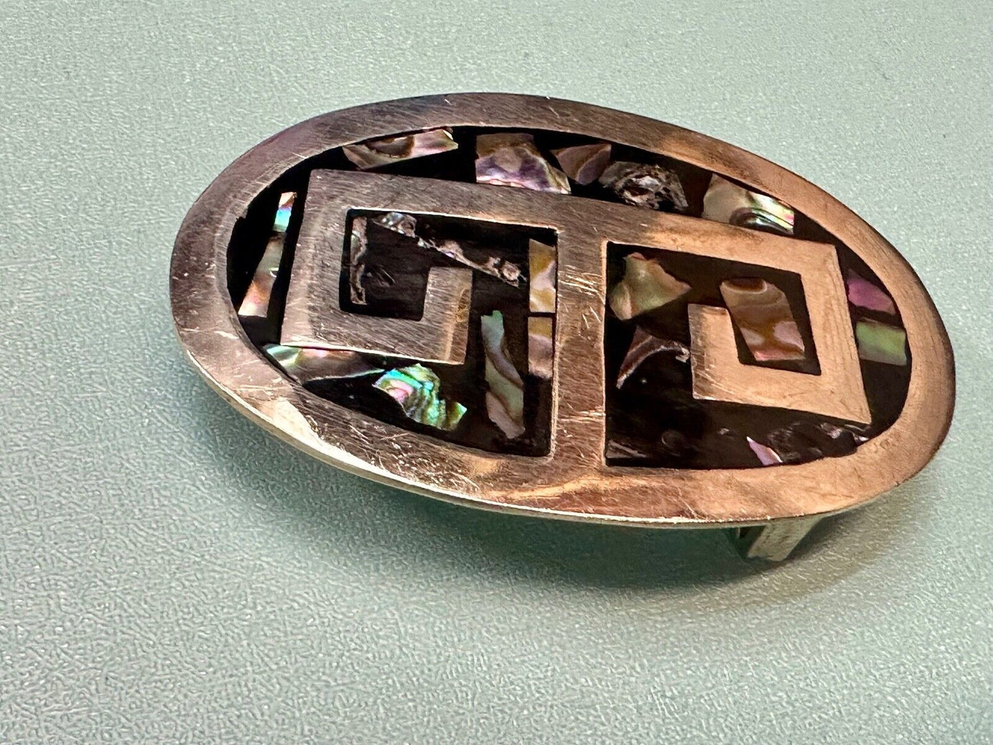 Vintage Alpaca Mexico Silver Tone Abalone Shell Pattern Oval belt buckle