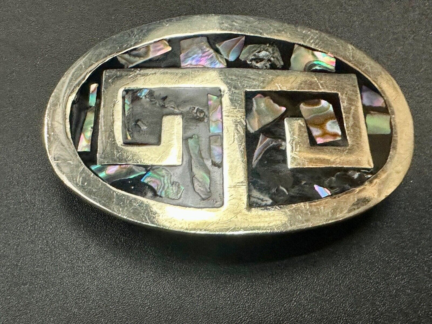 Vintage Alpaca Mexico Silver Tone Abalone Shell Pattern Oval belt buckle