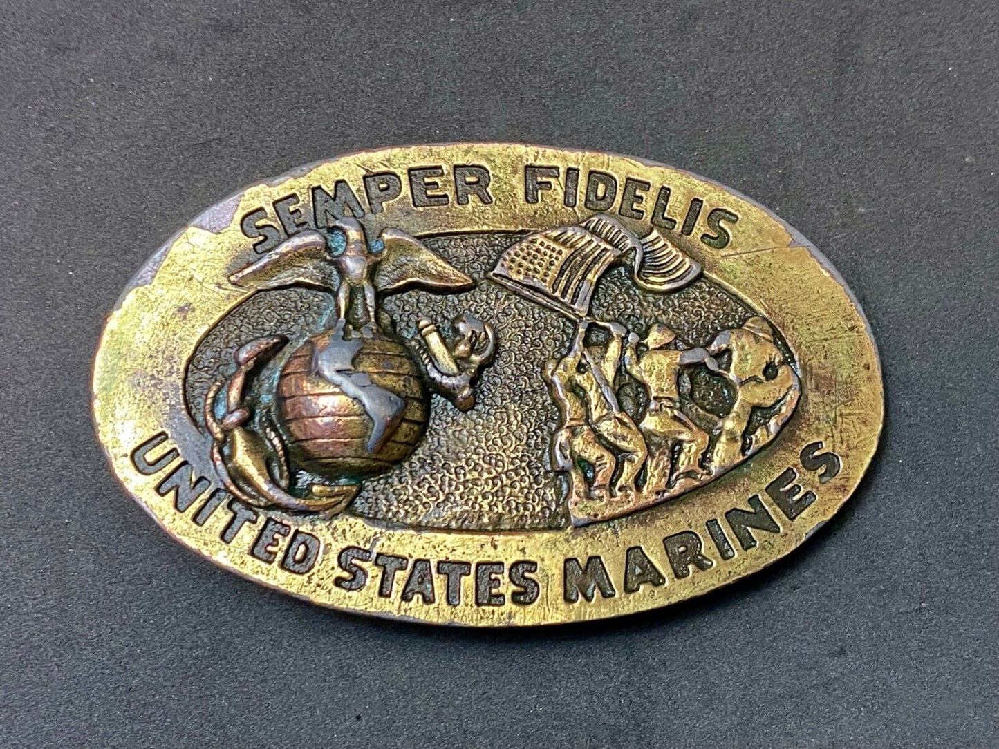 US Marines Semper Fidelis United States Vintage 4" wide brass Tone belt buckle