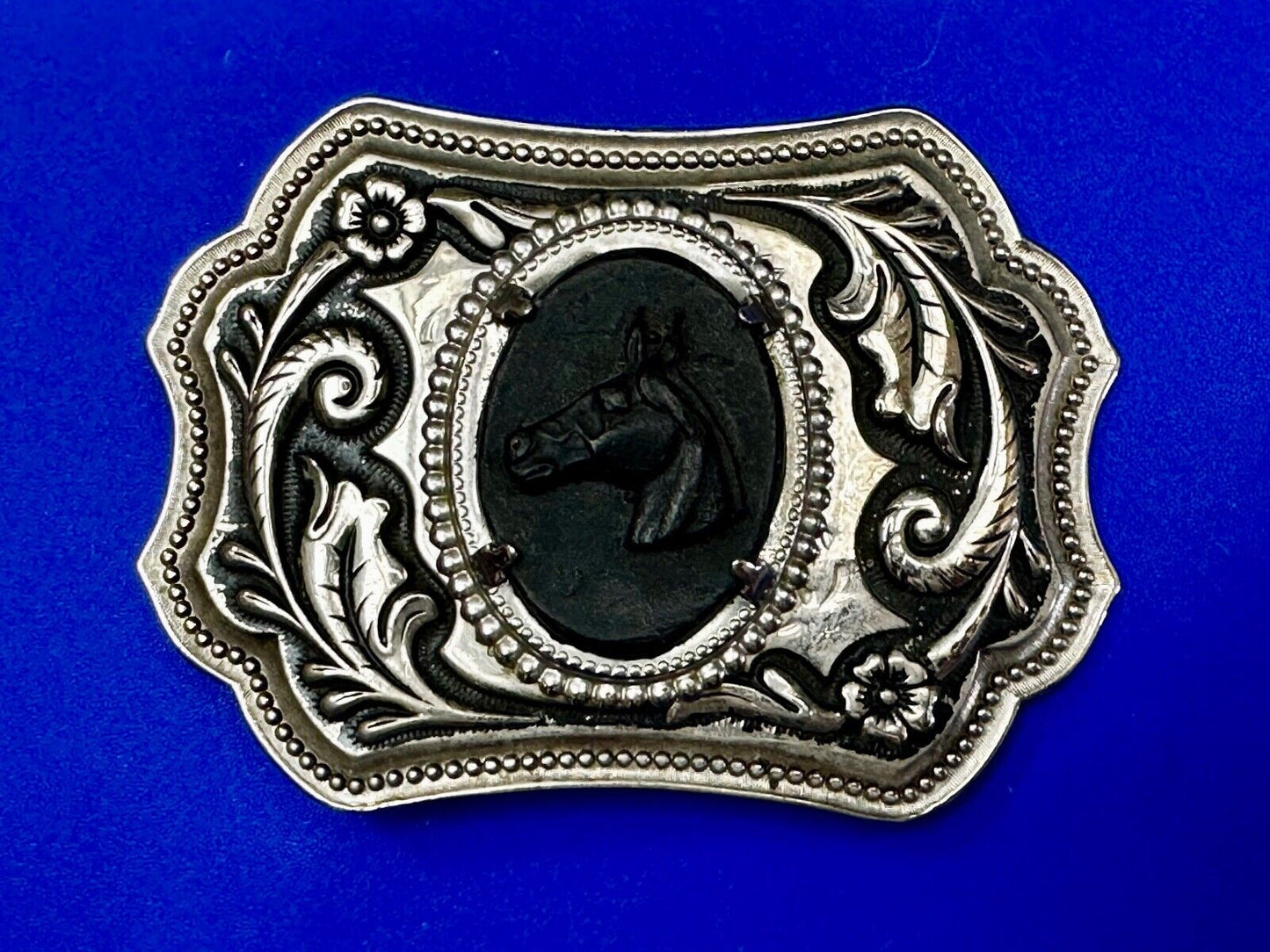 Black Horse Head Cabochon Cab Shaped Centerpiece on Western Belt Buckle