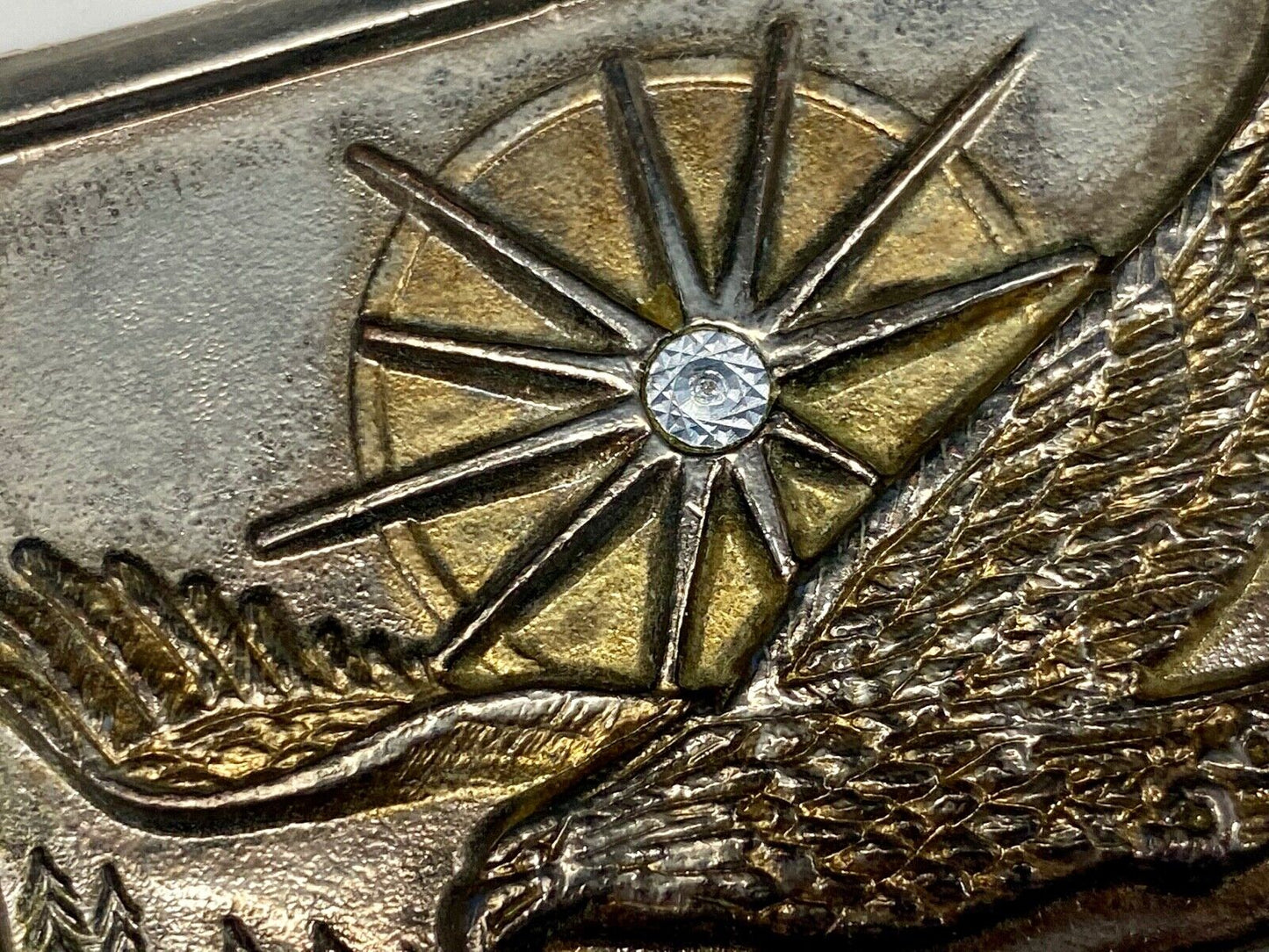 Vintage belt buckle silver and gold tone flying eagle Starburst! God Bless USA!