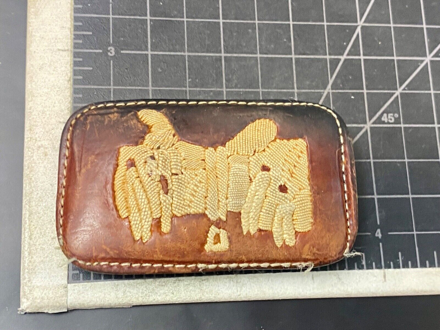 Vintage leather stitched horse saddler belt buckle signed Tres Ranchitas