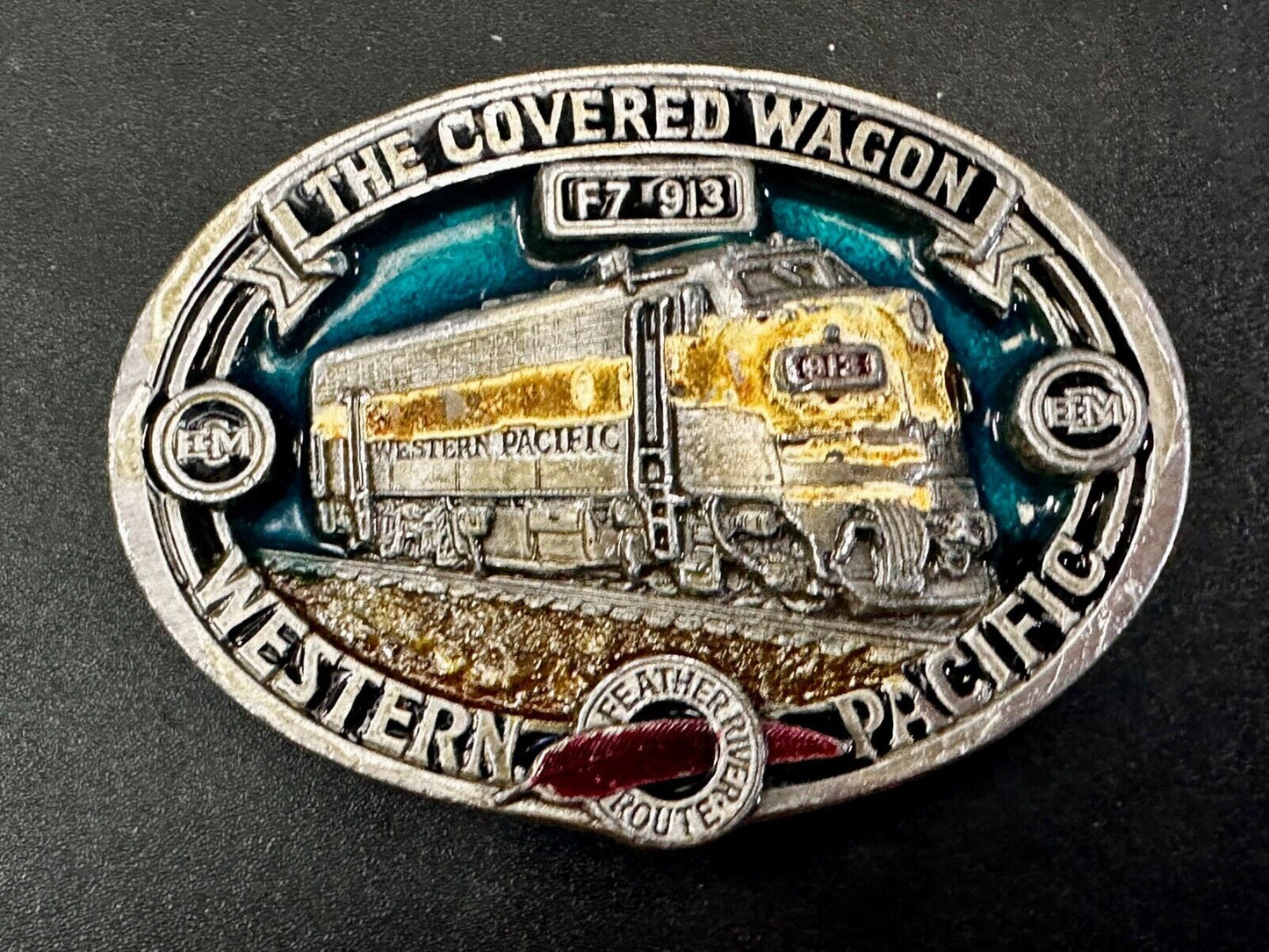 The Covered Wagon Western Pacific Train RR F7 913 EMD VTG 1986 Belt Buckle by CJ