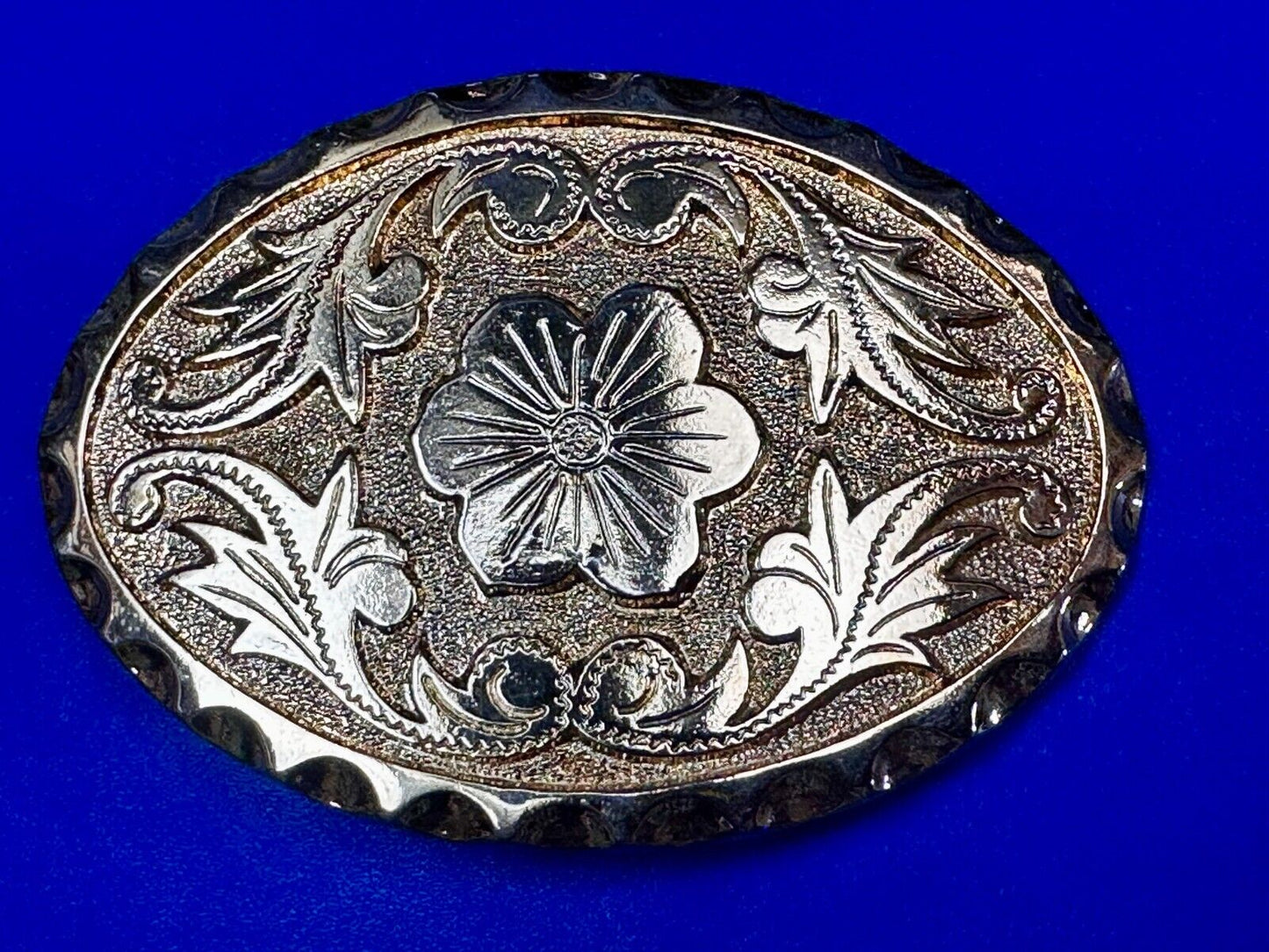 Vintage Etched Flower Floral Theme Western Oval Gold Tone Belt Buckle