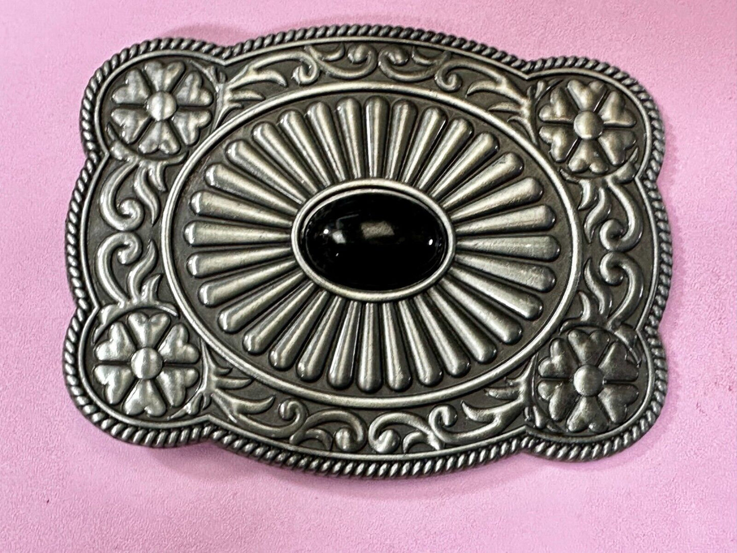 Black Faux Stone Cabochon Centerpiece in Western Framed Belt Buckle