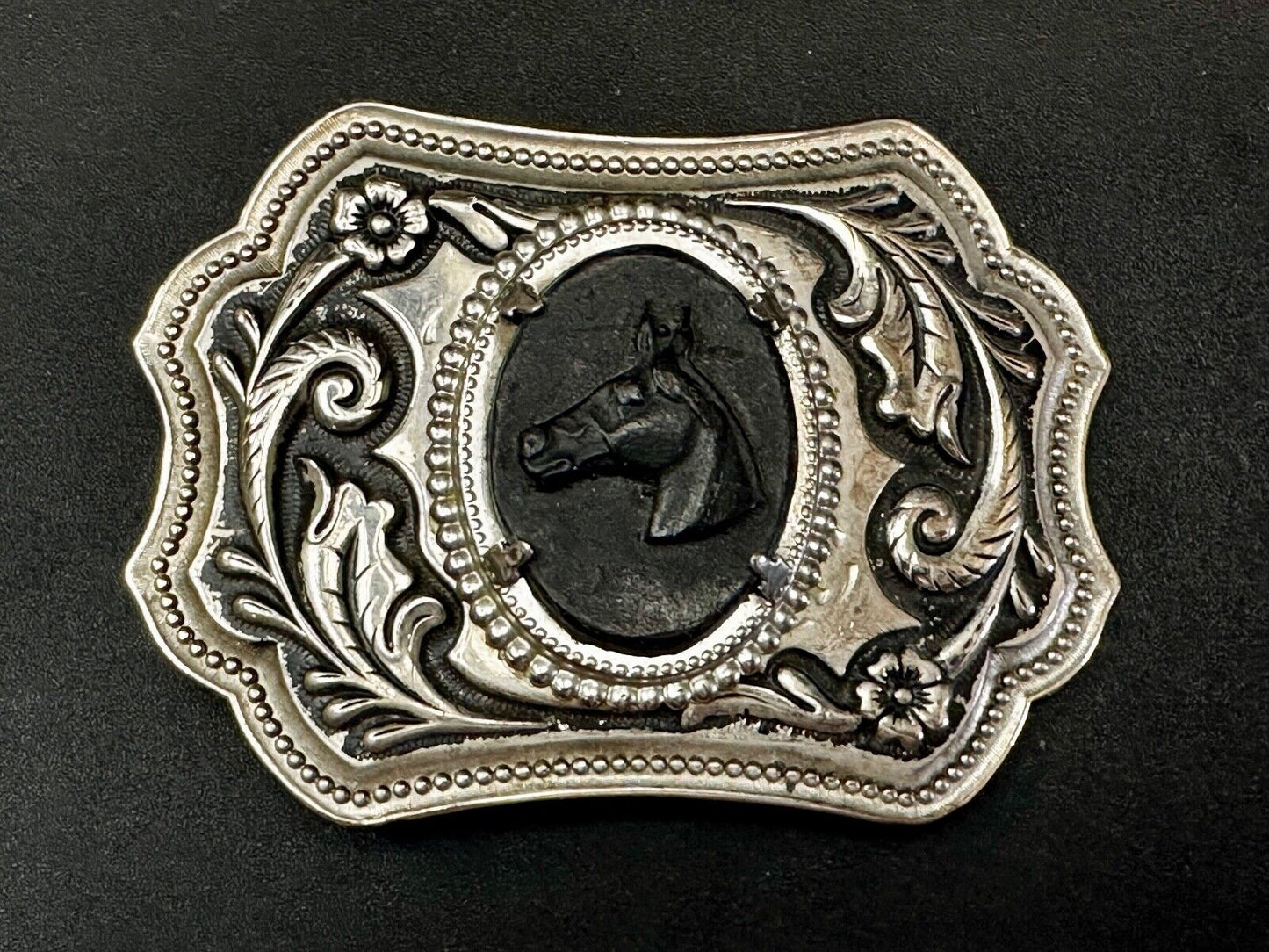Black Horse Head Cabochon Cab Shaped Centerpiece on Western Belt Buckle