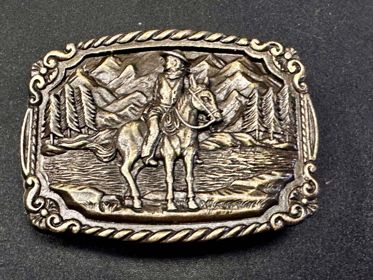 Tall in the Saddle Cowboy Horse Western Vintage Belt Buckle W/ Rope Boarder
