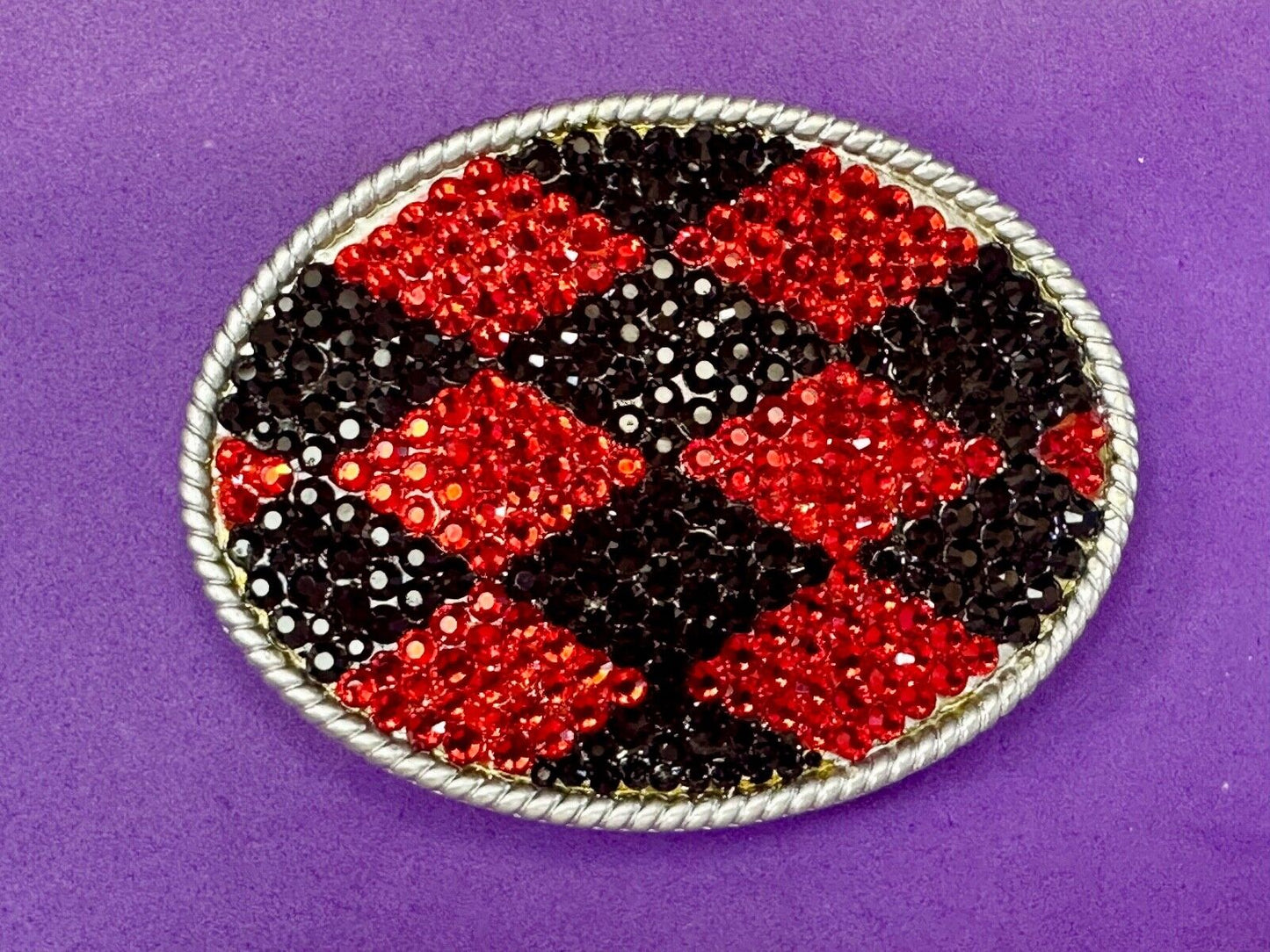 Black & Red rhinestone Checkerboard pattern covering 3.75" wide belt buckle
