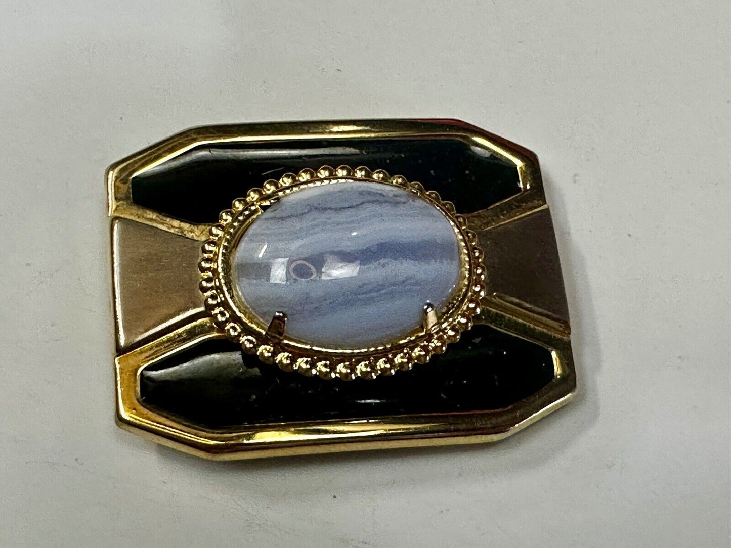 Vintage Blue Lace Agate Cabochon Cab Stone Centerpiece on Western Belt Buckle