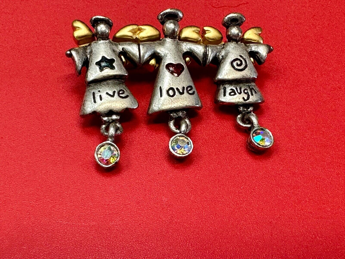 Three Angles - Live Love Laugh , Vintage Christmas Holliday Brooch by AJMC