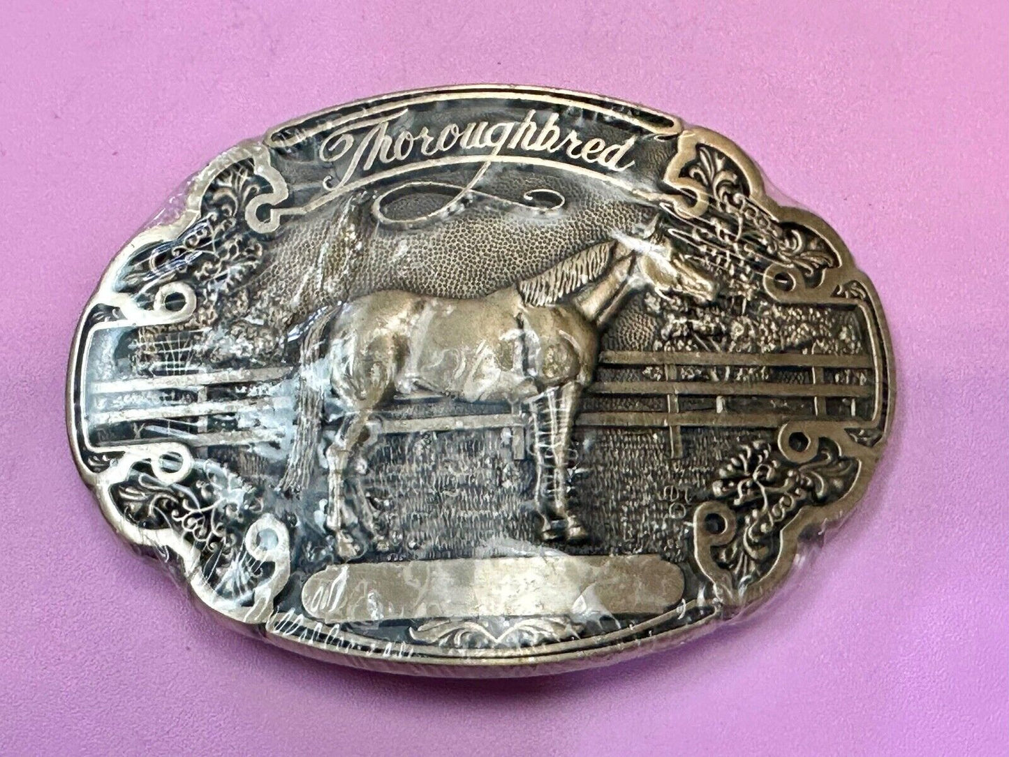Thoroughbred Horse with Award Ribbon NOS Vintage ADM Solid Brass Belt Buckle