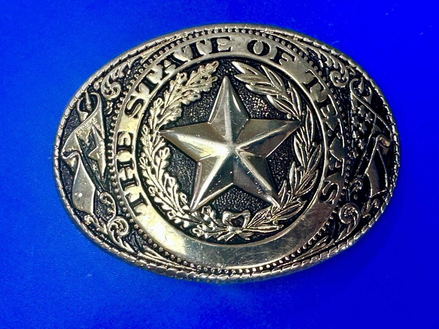 The Great State of Texas Star & Flag gold & black color USA made belt buckle