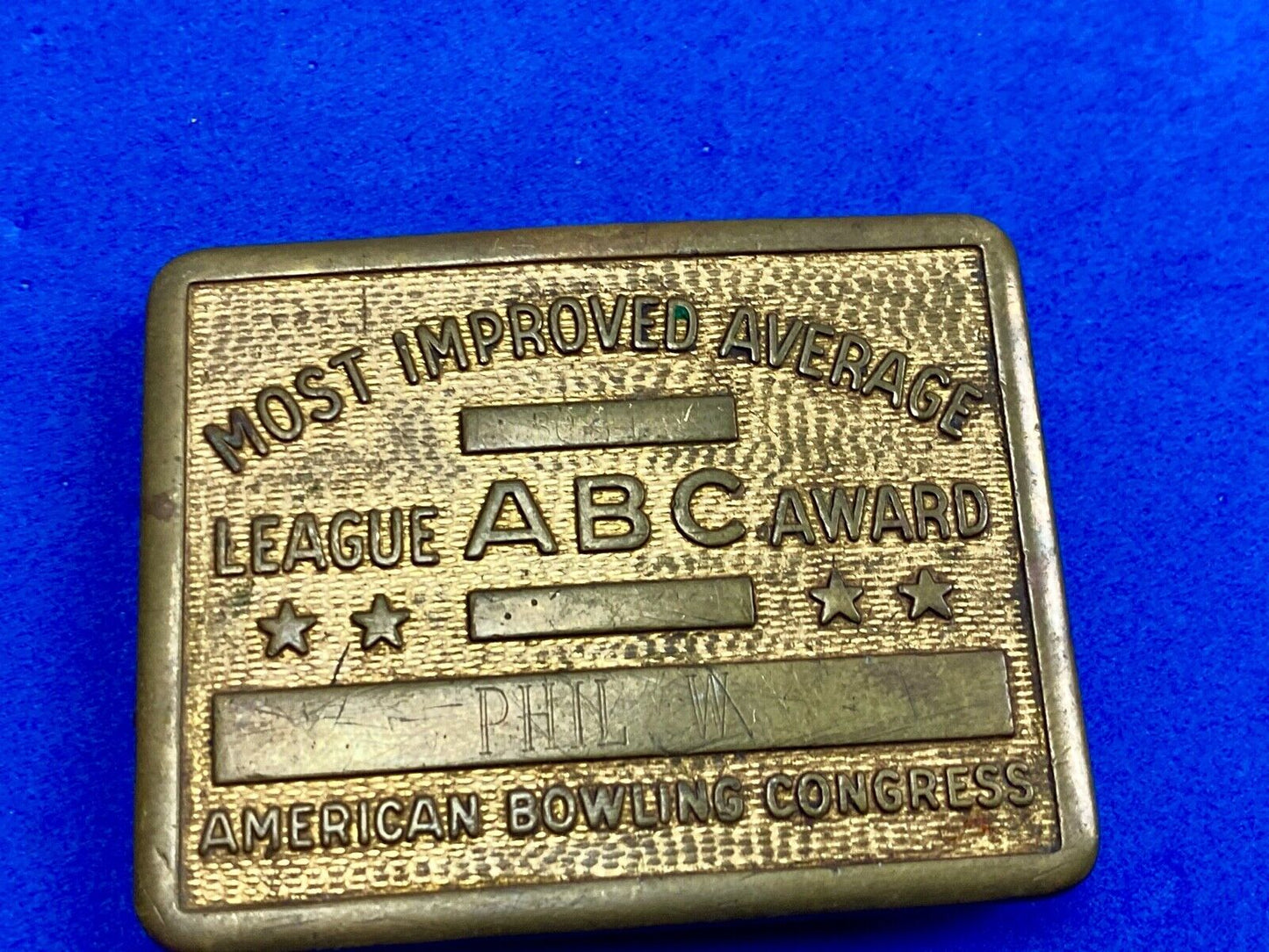 Vintage bowling ABC American Bowling Congress most improved award belt buckle