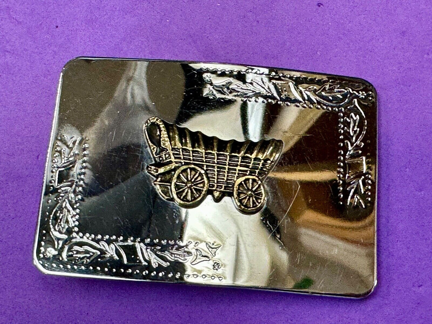 Vintage Covered Wagon two tone reflective rectangular belt buckle