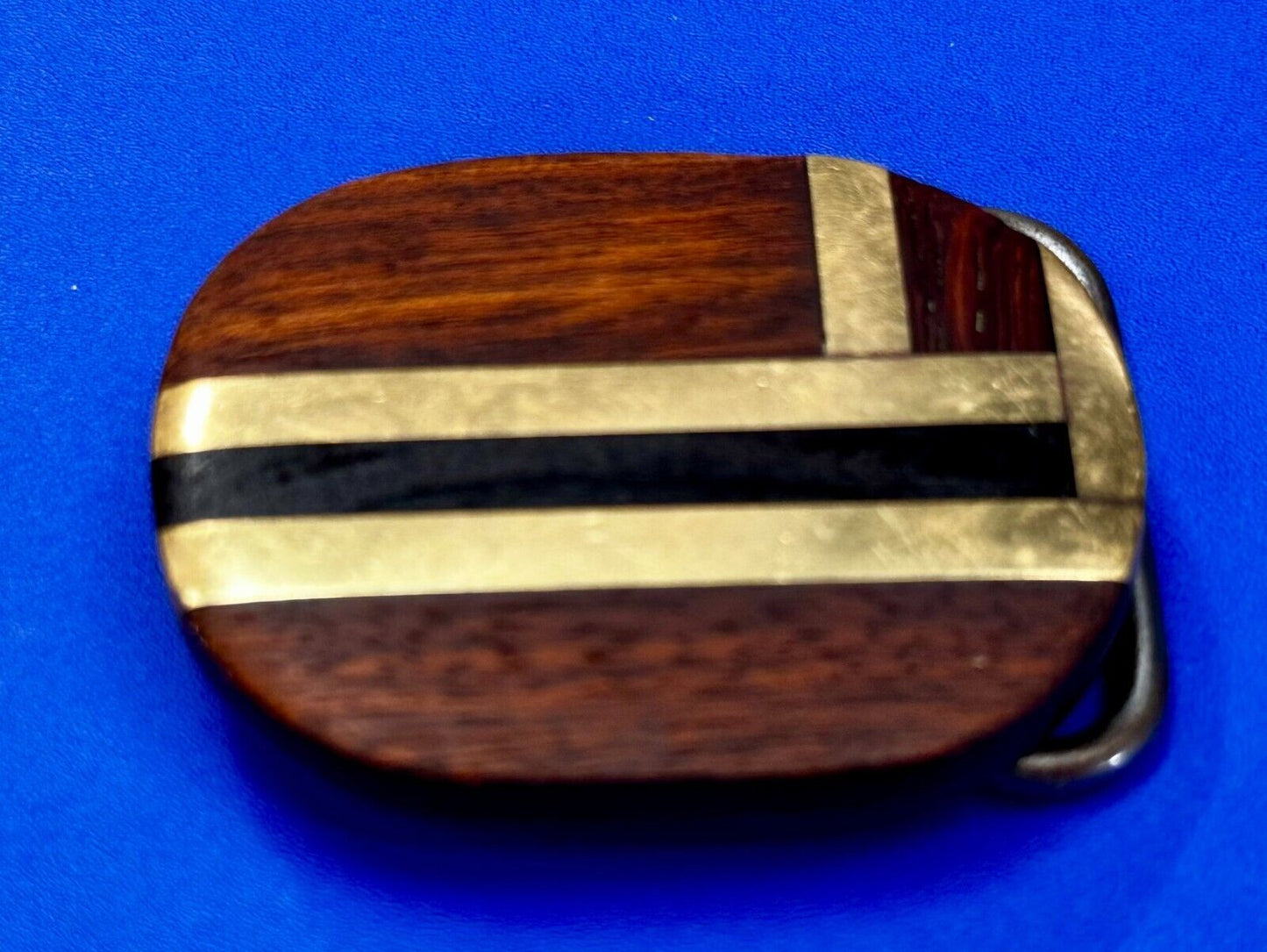Vintage Artisan Inlay Mixed Wood And Solid Brass Small Belt Buckle