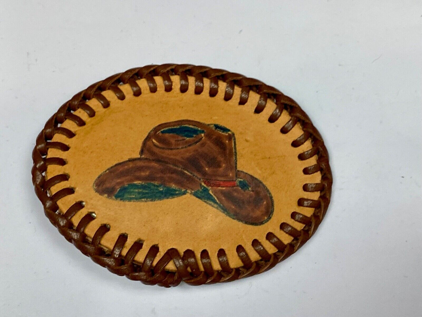 Vintage Cowboy Hat On Hand Stitched Leather Western Oval Belt Buckle