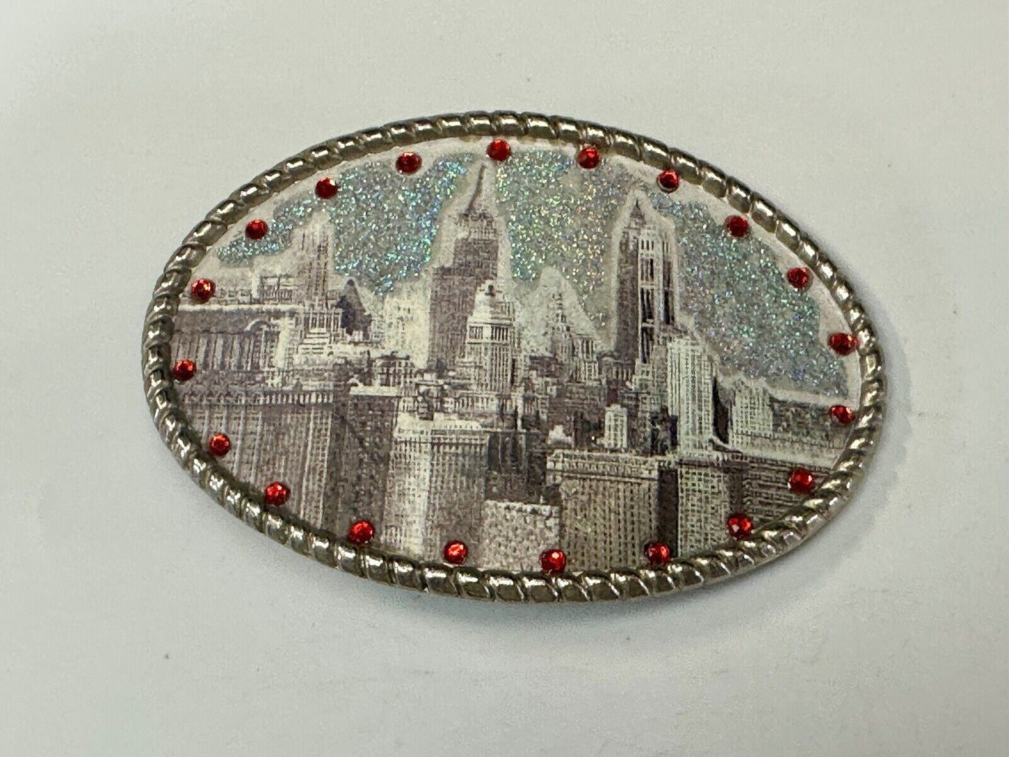 Vintage City Scape Picture Red Rhinestone Accented Oval Belt Buckle