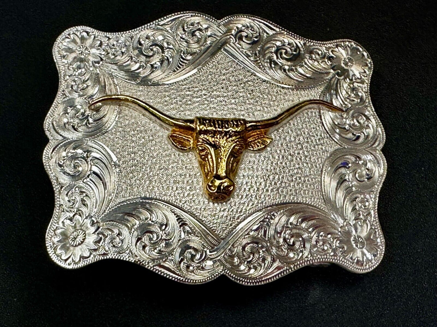 Texas Longhorn Steer Rodeo Bull Two Tone Belt Buckle by Montana Silversmiths