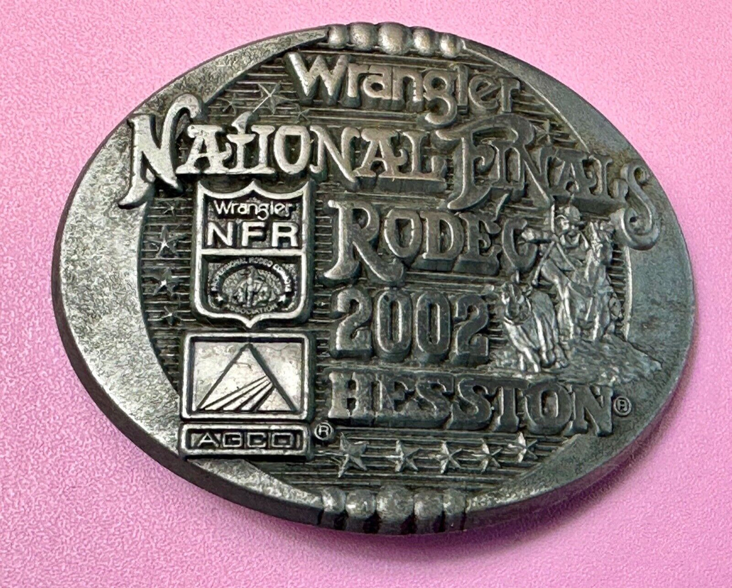 2002 Montana Silversmiths Hesston Belt Buckle Wrangler NFR Dealer Incentive