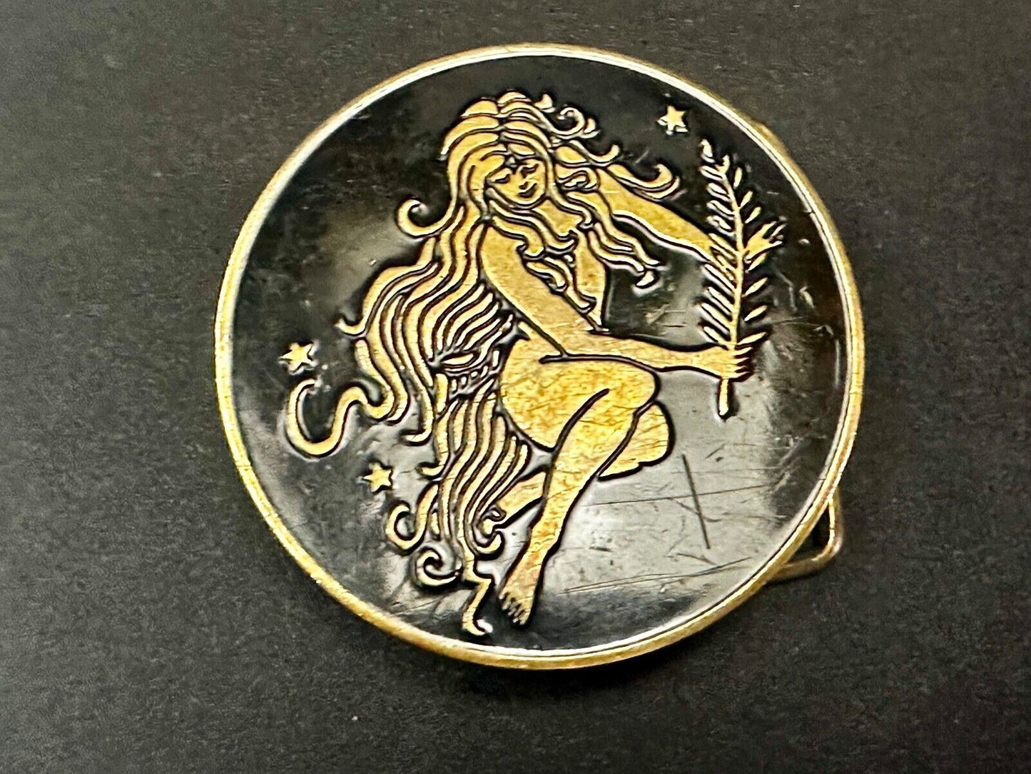 Beautiful Woman Stars Long Hair Hippie Boho Round Solid Brass Baron Belt Buckle