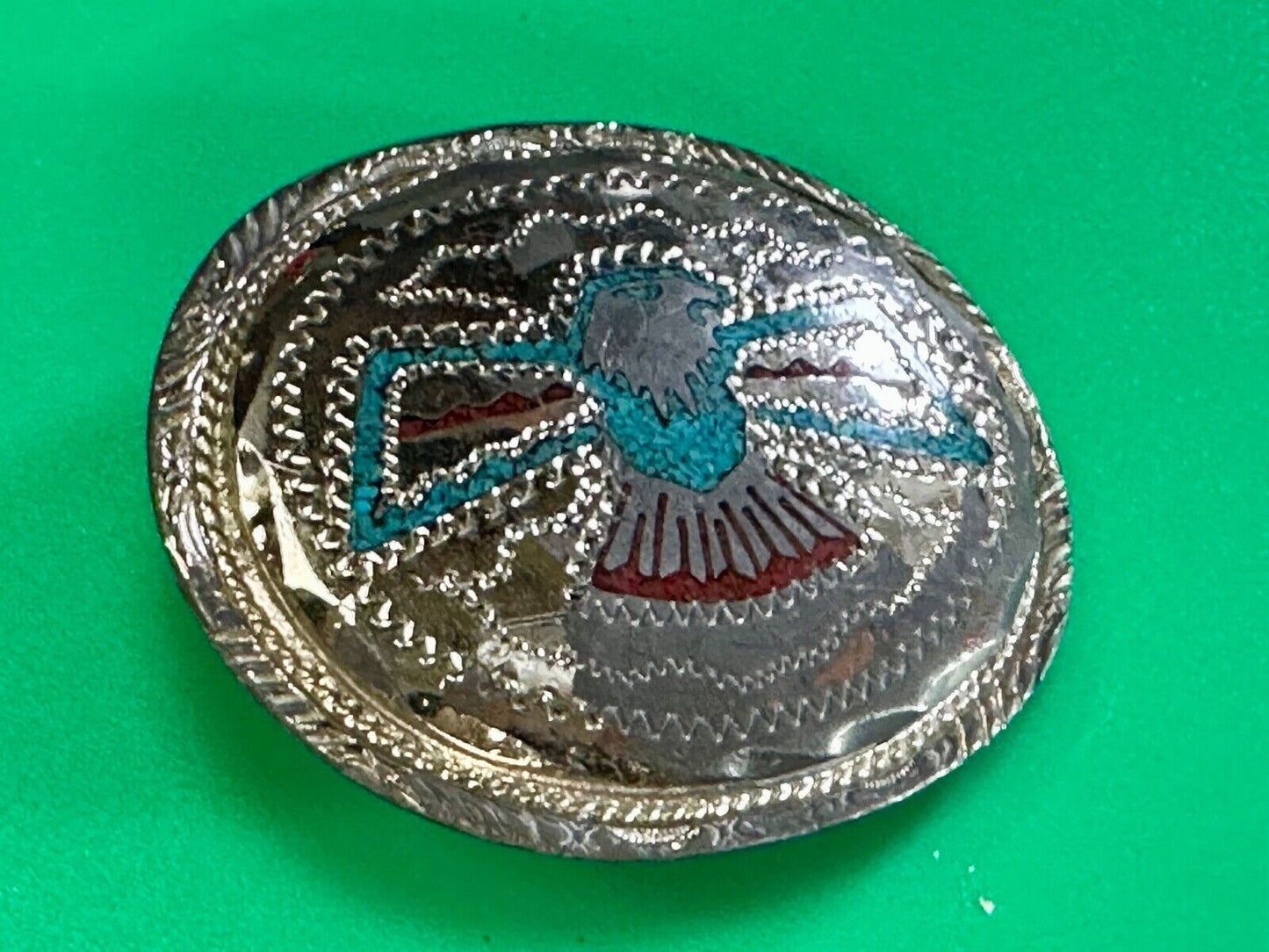 THUNDERBIRD Inlaid turquoise & Coral belt buckle - see hallmark --- to restore