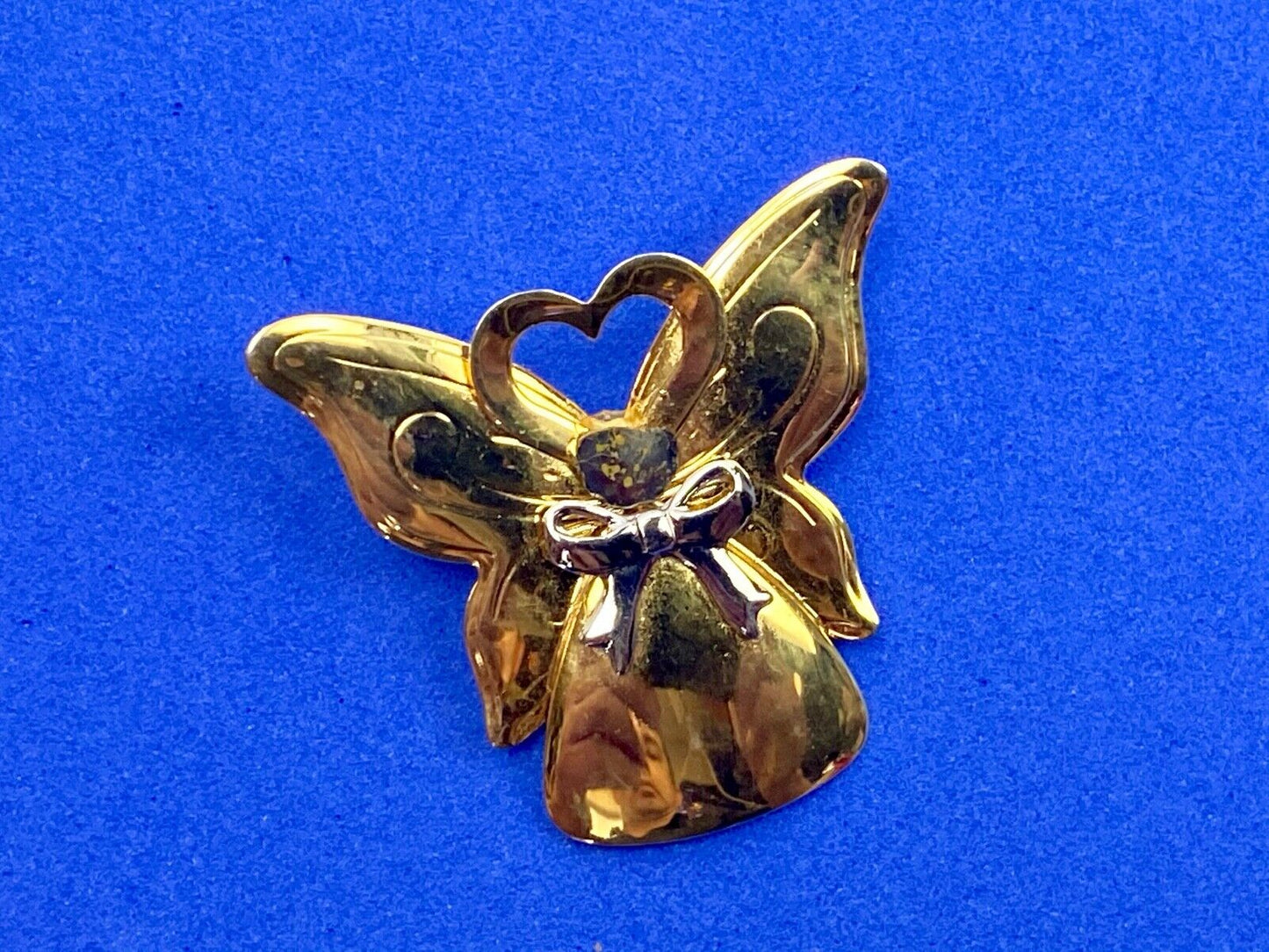 Vintage Angel Brooch Pin Gold Tone Rhinestone Heart Halo Butterfly Wings Jane