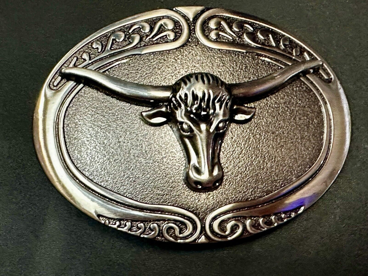 Texas Longhorn Steer Rodeo Bull Vintage Silver Tone Western Oval Belt Buckle
