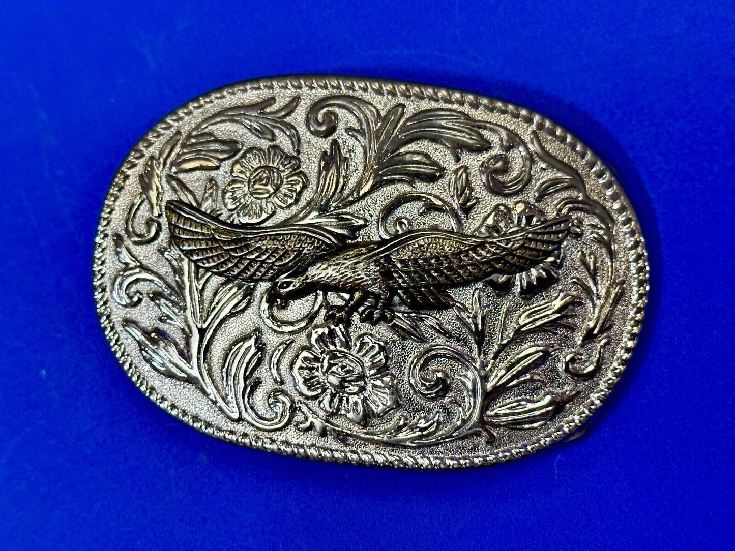 The Eagle Flying with Wings Wide Vintage two tone flower swirl belt buckle