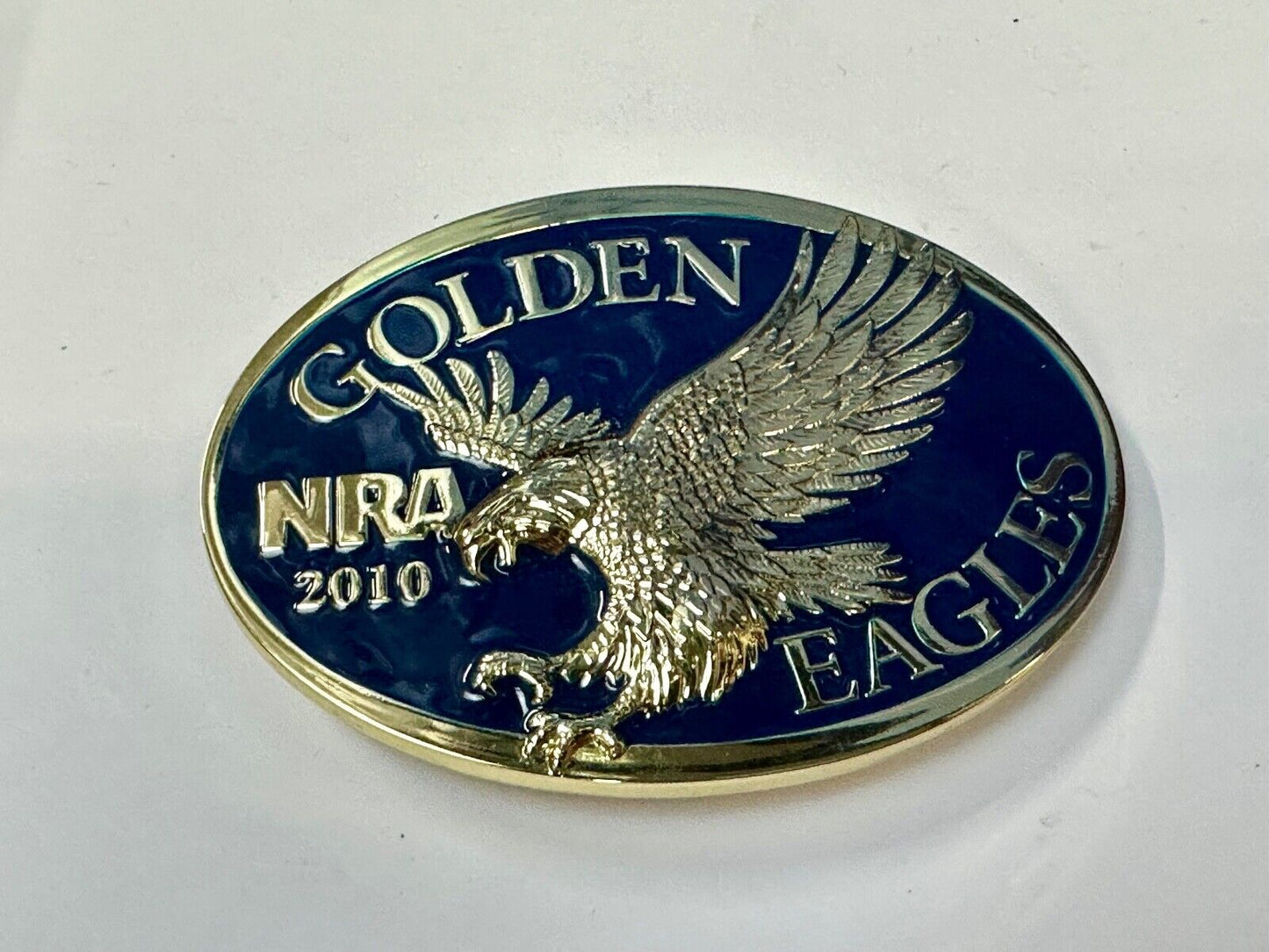 2010 NRA National Rifle Association Golden Eagle blue ribbon belt buckle in box