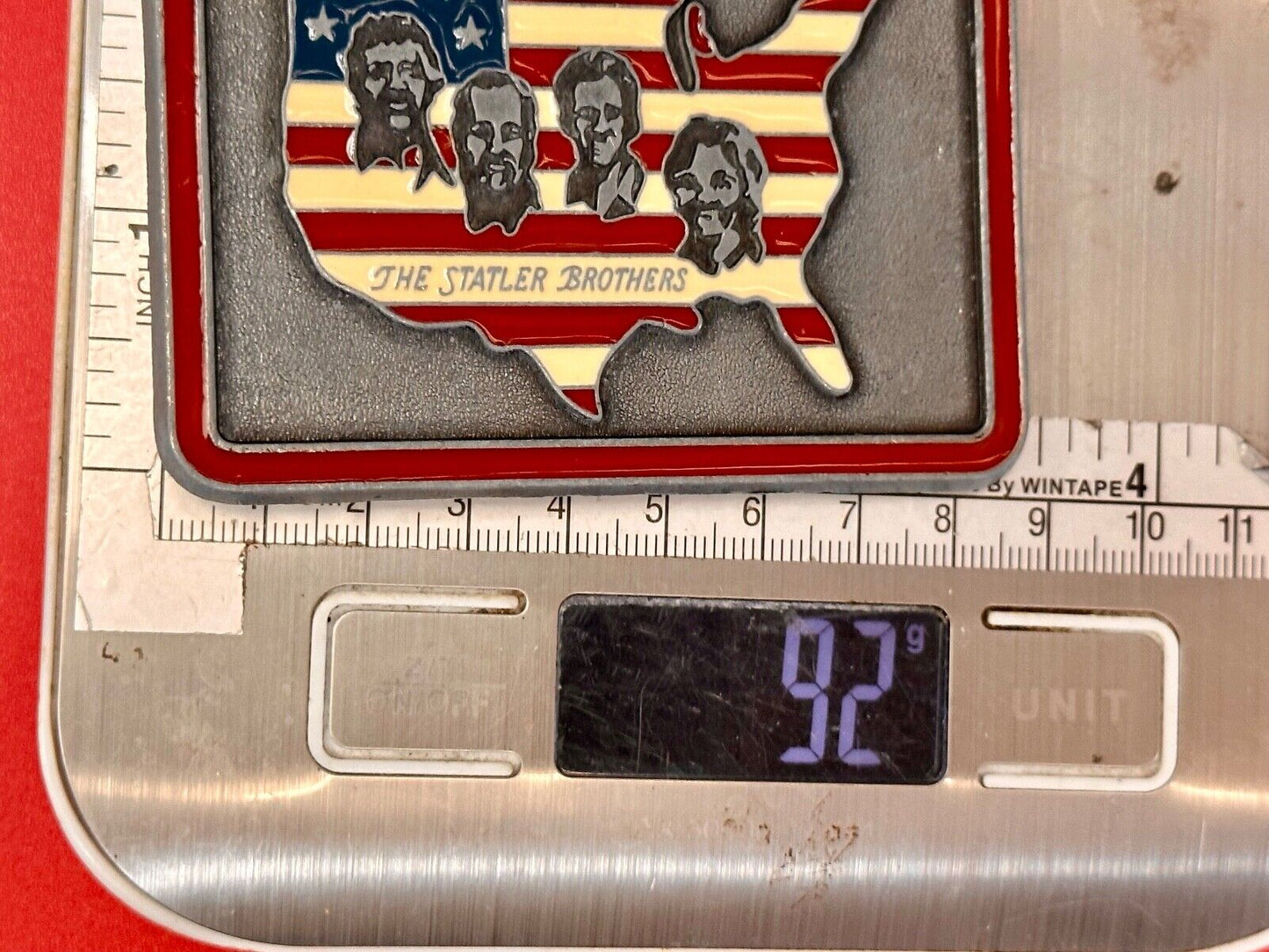 The Statler Brothers American Flag Country Shaped background band belt buckle