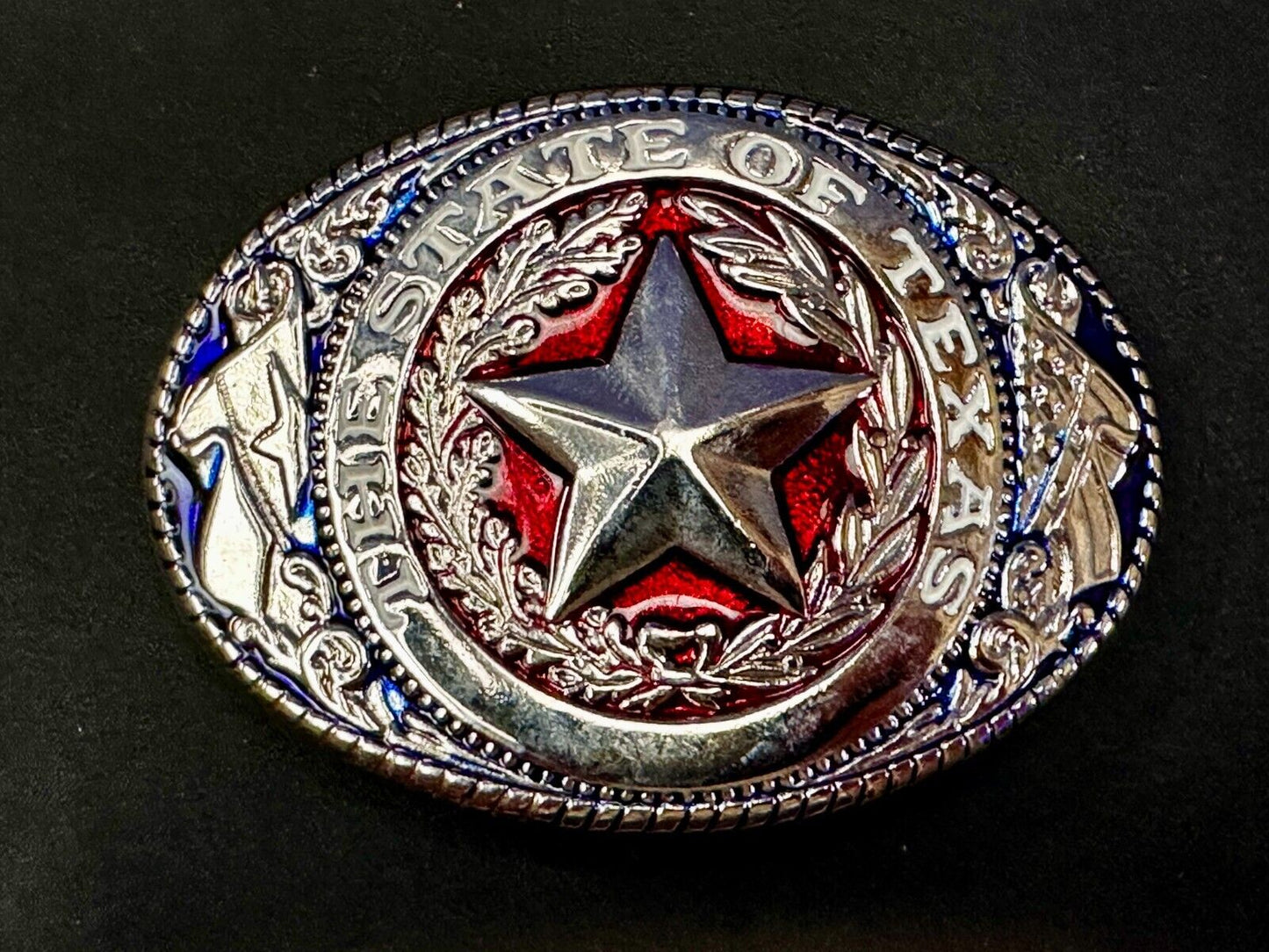 The Great State of Texas - Flag & Star Vtg. Red Blue & Black Color Belt Buckle