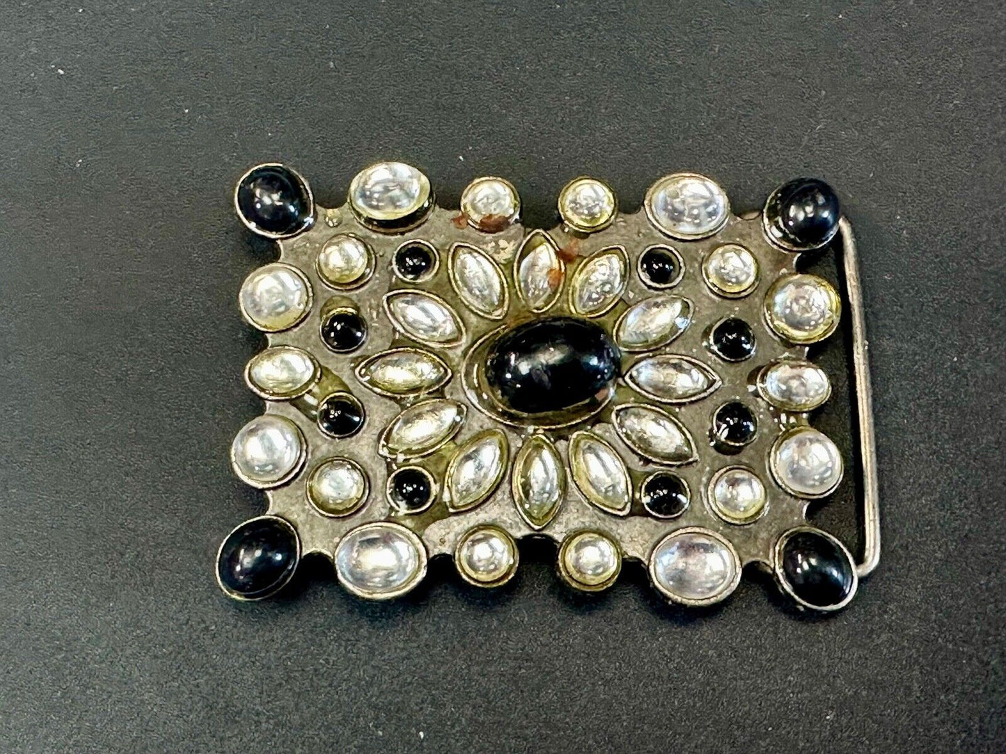 Vintage black and white rhinestone / silver tone belt buckle