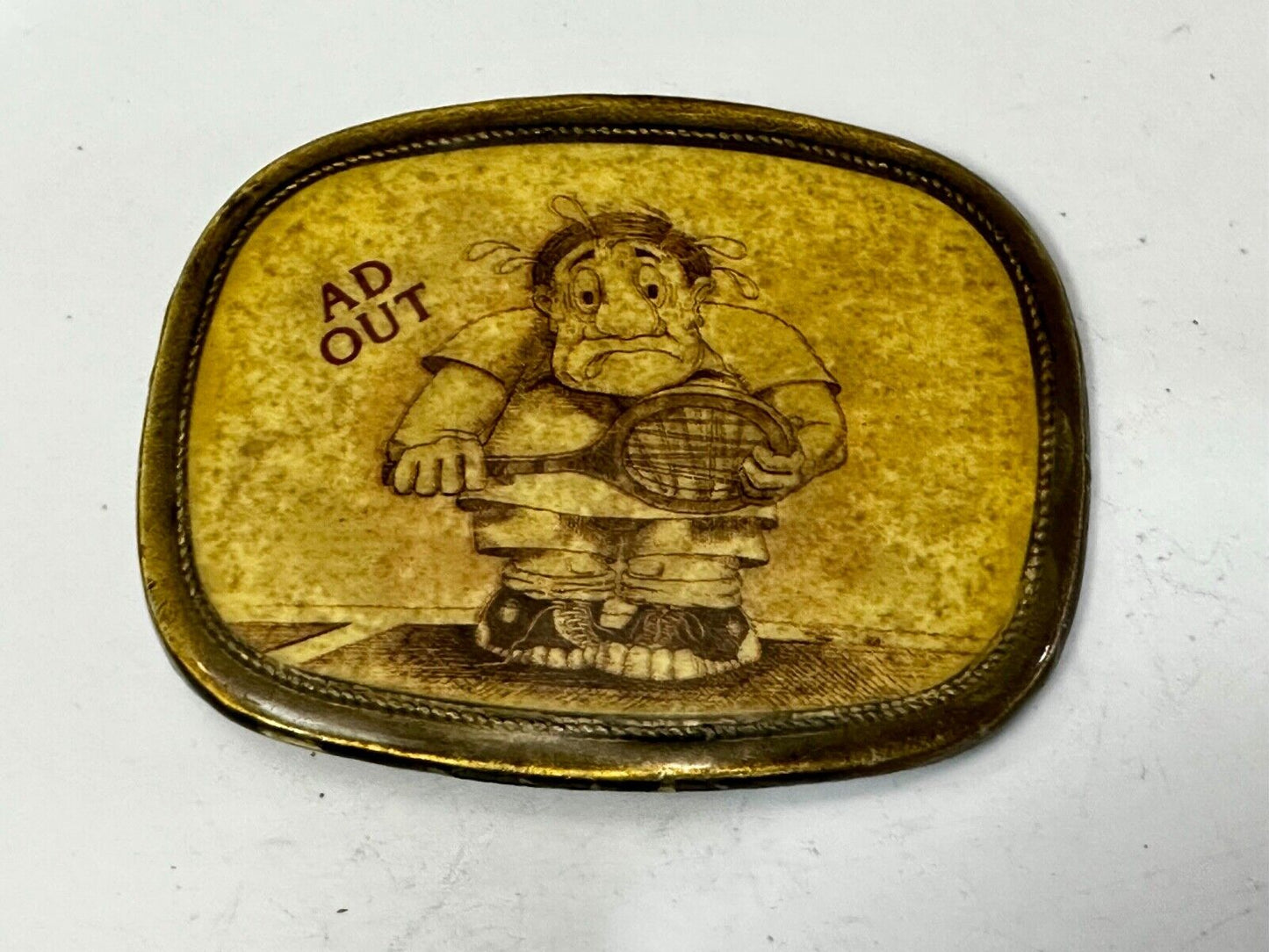 Vintage Cartoon Man AD OUT - Tennis Game Match Retro Sports Belt Buckle