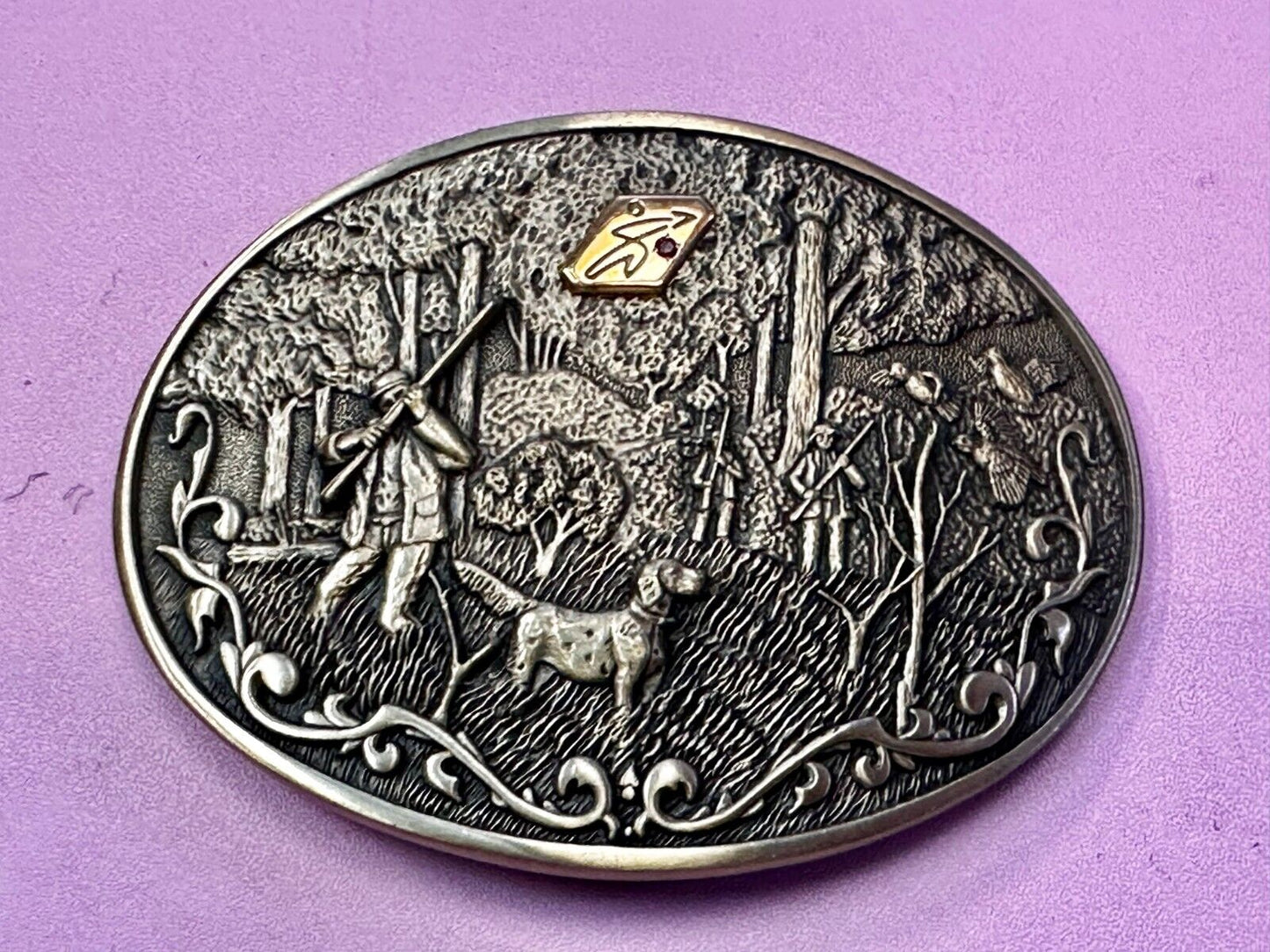 Bird Quail Dog Hunting Hunter Shotgun 1981 Belt Buckle OC Tanner - 10K Gold Logo
