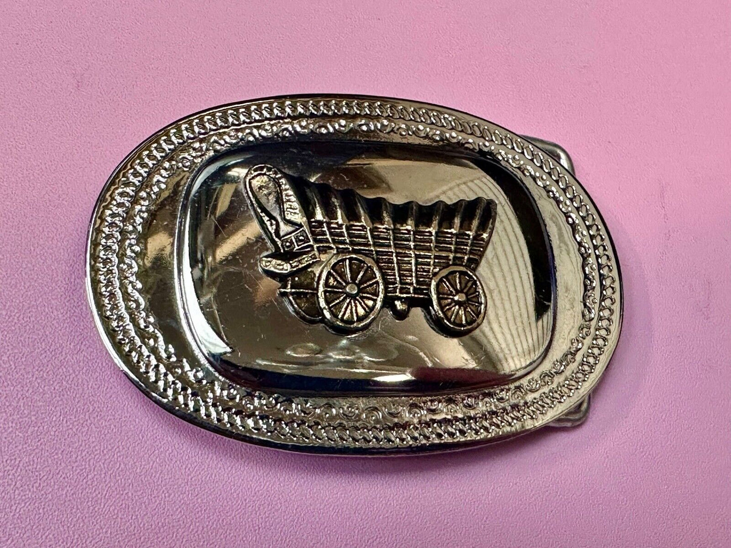 Vintage Covered Wagon on reflective oval two tone western belt buckle