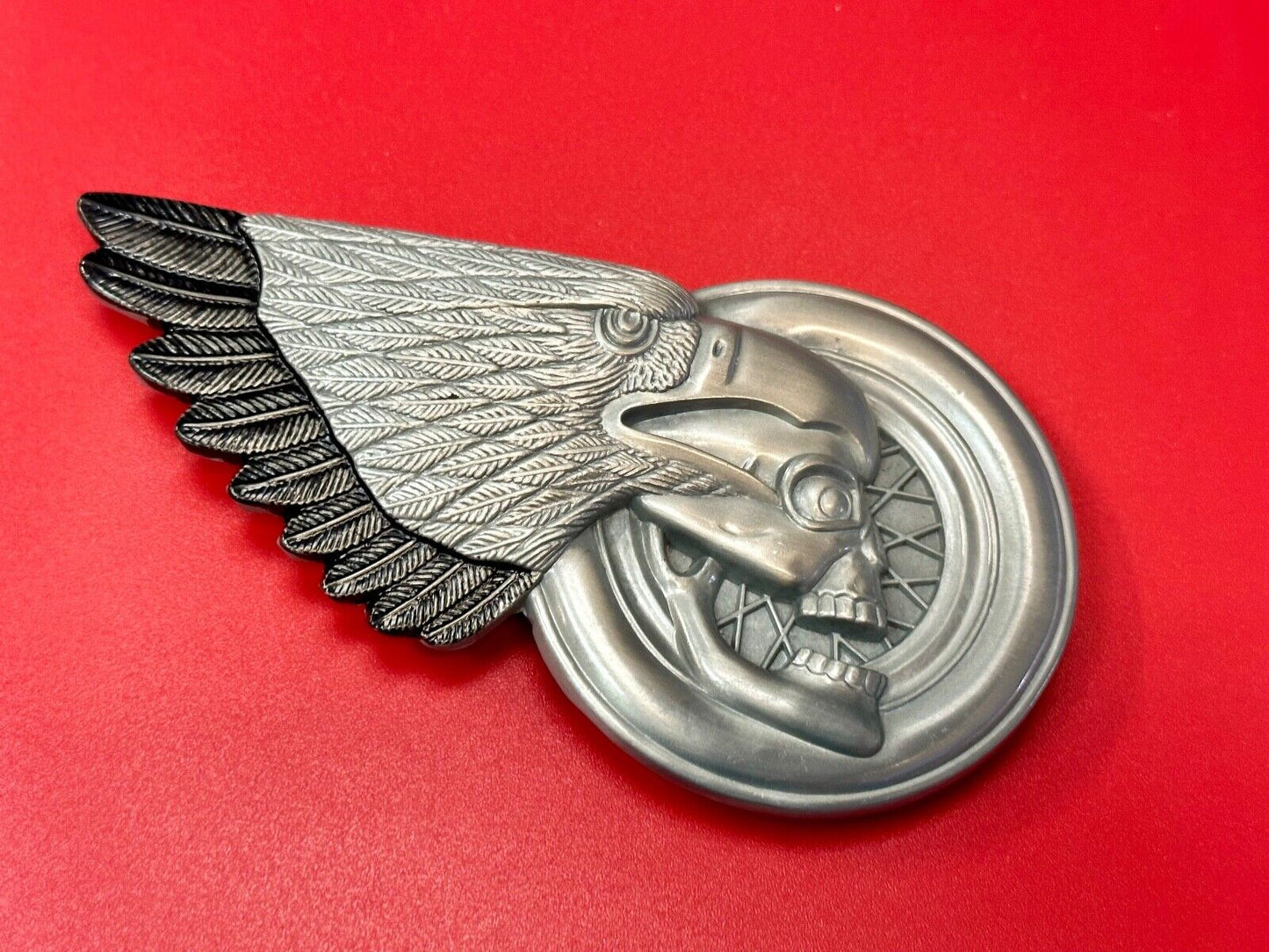 Bikers Skull with Eagle Wing and Motorcycle Wheel figural belt buckle