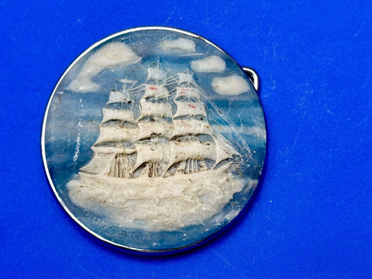 3-Masted Schooner Ship Carved Incolay Stone Cameo Vintage 1975 belt buckle