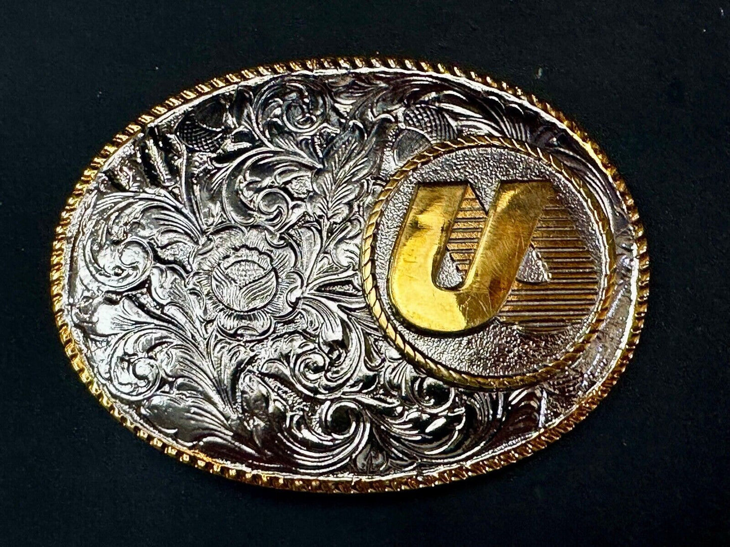 UA Company Logo Floral Flower Design Gold & Silver Tone Vintage Belt Buckle