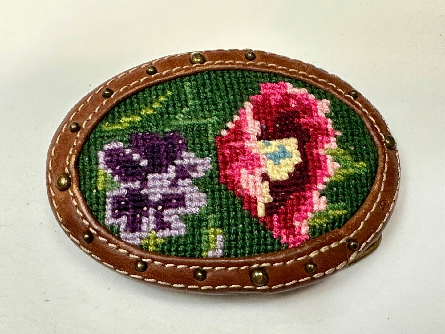 Beautiful Flowers Artisan cross-stitched on brown leather Vintage Belt Buckle
