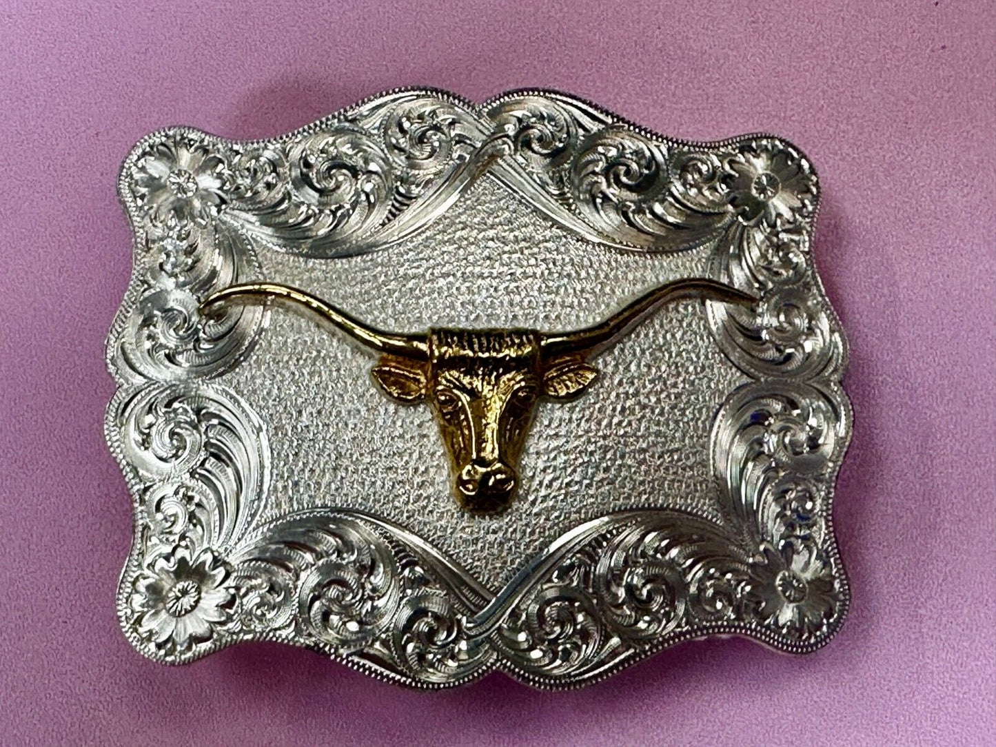 Texas Longhorn Steer Rodeo Bull Two Tone Belt Buckle by Montana Silversmiths