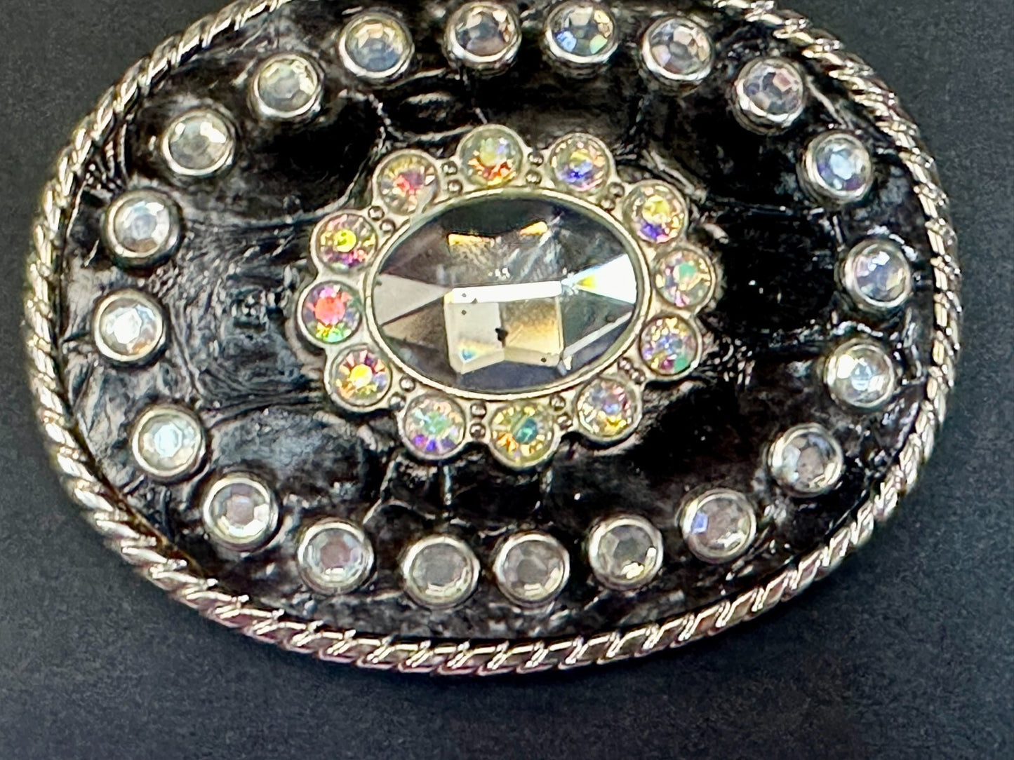 Beautiful Clear Rhinestone Bling Leather on Metal Vintage Belt Buckle