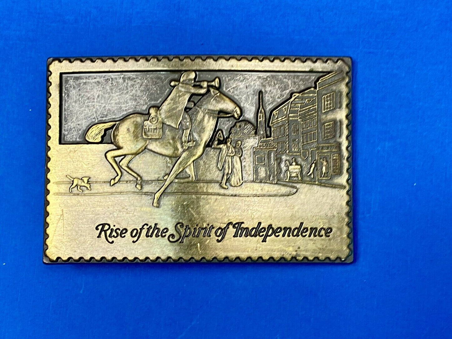 Vintage Cut Out Stamp Rise Of The Spirit Of Independence Horse Rider Belt Buckle