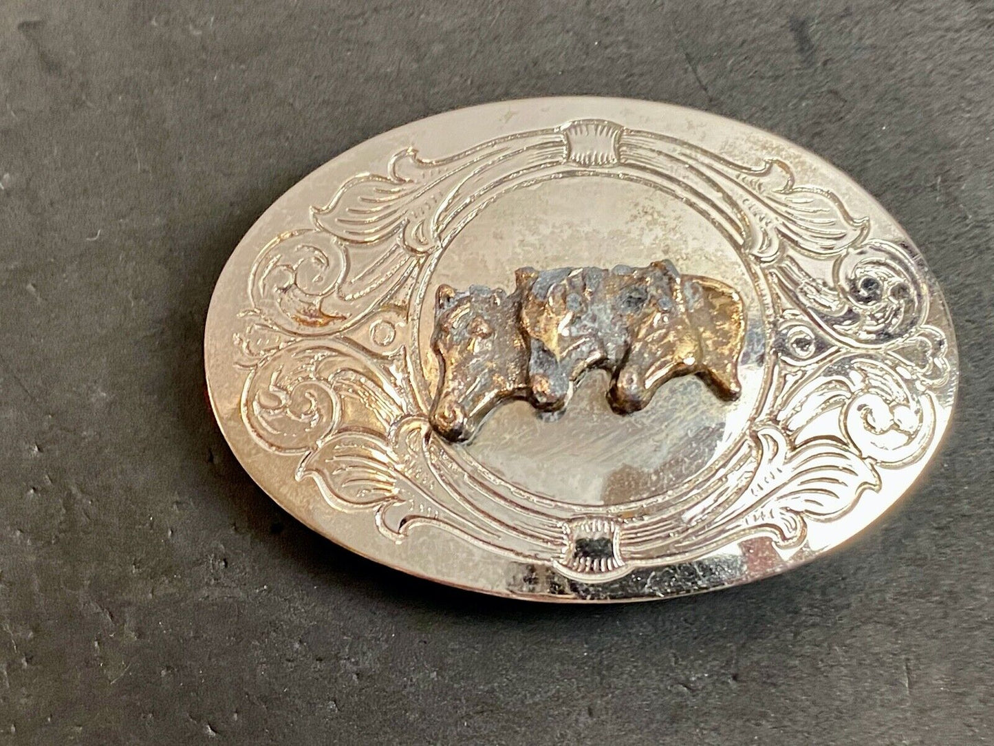 Vintage - There horse heads bust western engraved belt buckle