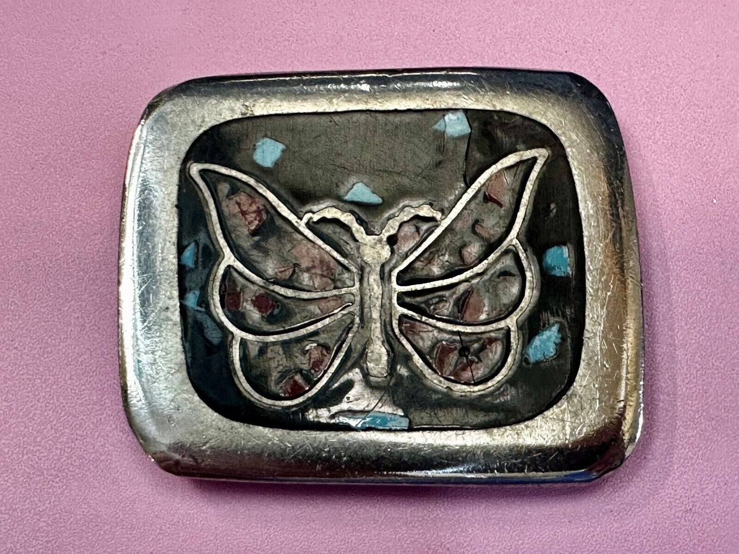 Artisan Butterfly in resin with Turquoise and coral colored chips Belt Buckle