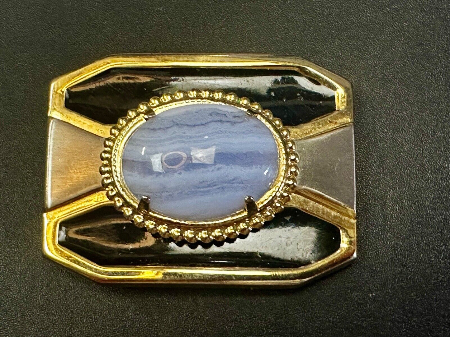 Vintage Blue Lace Agate Cabochon Cab Stone Centerpiece on Western Belt Buckle