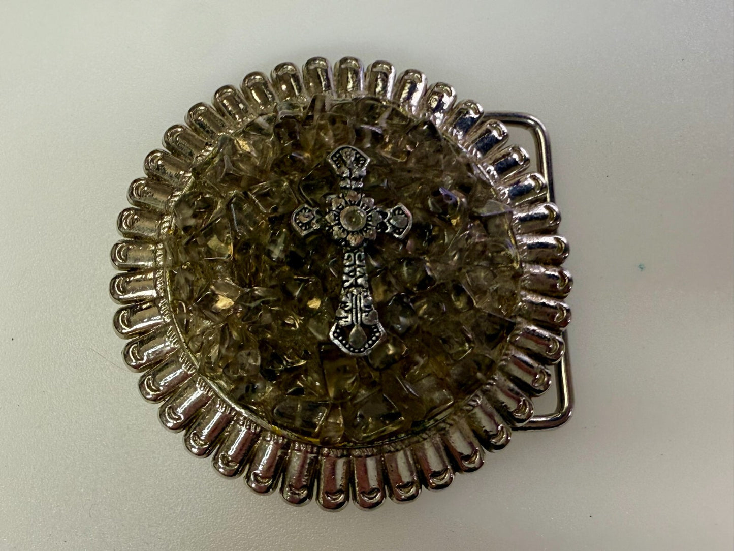 Artisan Religious Iron Cross Clear Stone Covered Unique Round Belt Buckle