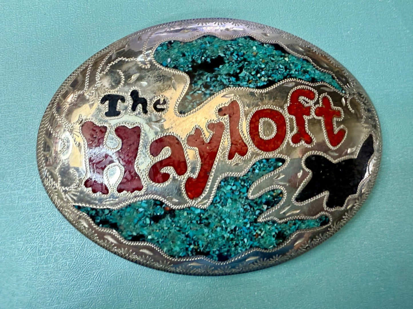 The Hayloft Large Turquoise Inlaid Champion's Choice Silver Belt Buckle CCS&S